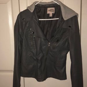 Faux leather jacket with sweatshirt hood